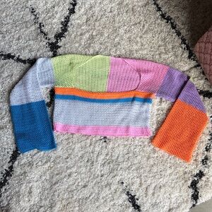 Sunloudy Knit Long Sleeve Crochet  Square Collar Sweater Crop Top Medium